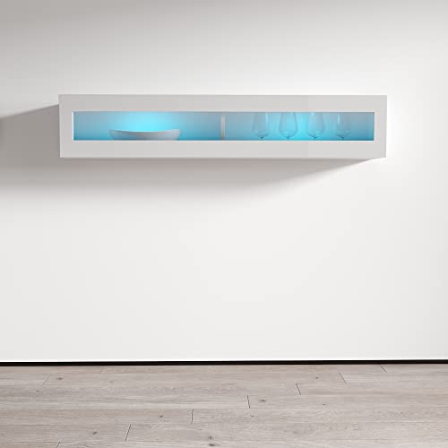 Meble Furniture Floating Media Cabinet Type-51 — Wall-Mounted Storage with LED Lighting — High Gloss Finish, 47.2 x 11.8 x 11.8 inches — White