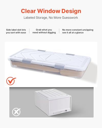 VEVOR Under Bed Storage with Wheels, 31.7 x 15.6 x 6.9 inch Underbed Containers, Underbed Shoes Organizer with Lid & Gray Latch, Rolling Under the Bed Storage Bins for Clothes Shoes Blankets, 4 Pack