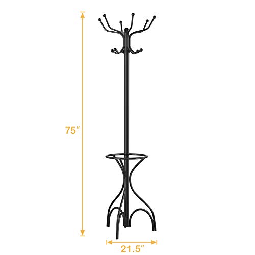 Tangkula Coat Rack Freestanding, 75 Inch Heavy Duty Metal Hanger Stand with Umbrella Holder, Entryway Hat Jacket Hanger with 12 Hooks for Scarf Crutch Bag, Standing Coat Tree Rack (Black)