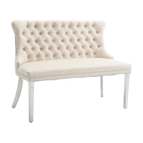 Beige Velvet Dining Bench with Back, Tufted Banquette Seating, Silver Legs | Upholstered loveseat bench; tufted back; nailhead trim; 500 lb capacity; foam and spring seat; dining room or entryway - color: Beige(silver Stainless Steel Legs)
