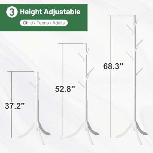 kiplant Coat Rack Stand with 8 Hooks, Adjustable Coat Standing Tree Easy Assembly for Coats, Hats, Scarves and Handbags for Entryway, Hallway, Bedroom, Office (Bamboo, White) - color: White