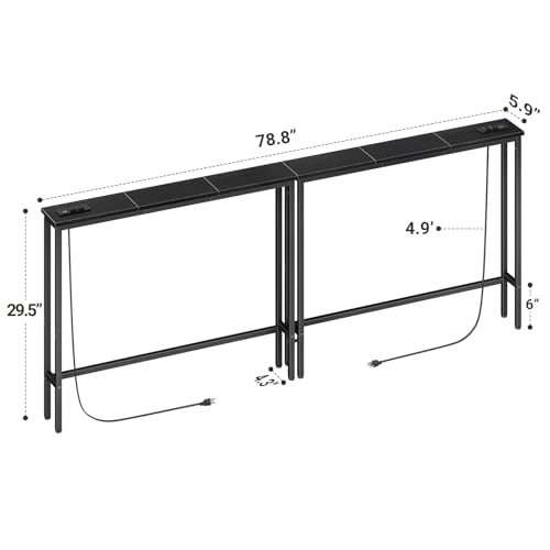 ELYKEN 78.8'' Narrow Console Table with Outlet, Sofa Table Behind Couch | Skinny Entryway Tables with Charging Station for Living Room, Hallway, 5.9 x 78.8 x 29.5in, Black - color: Black, size: 5.9"DX78.8"WX29.5"H