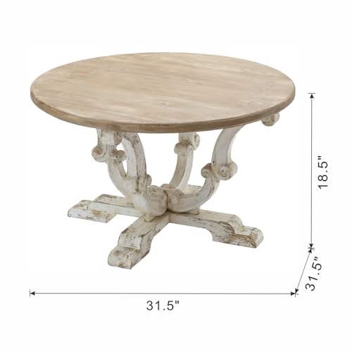 31.5" Round Solid Wood Coffee Table for Farmhouse Living Room | Retro Wooden Center Table with Distressed White Finish & Scrollwork Legs, Circle Tea Table, Easy Assembly, Antique White - color: B-31.5" Antique White
