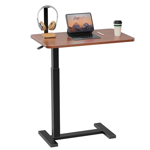 Simple Deluxe Adjustable Overbed Bedside Table with Wheels, Pneumatic Adjustable Hospital & Home Use Bed Table, Rolling Laptop Table, Mobile Standing Desk, Brown - color: Brown, style: Non-Tiltable
