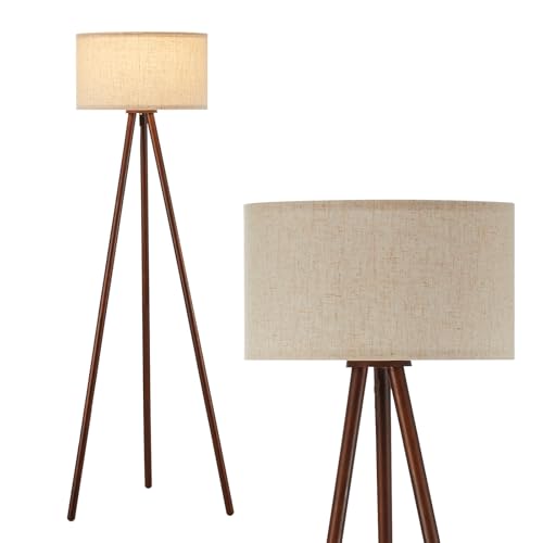 BTP Wood Tripod Floor Lamp for Living Room, 3 Color Temparature Bulb Included, Mid Century Modern Wooden Floor lamp with Linen Shade for Bedroom, Office, ETL Listed Walnut Wood Color - color: FSC Dark Brown Wood and Linen Shade
