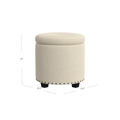 HomePop 18.5" Round Storage Ottoman with Nailheads - Cream Woven - color: Cream Woven