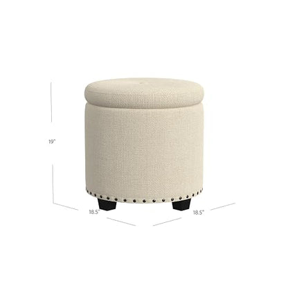 HomePop 18.5" Round Storage Ottoman with Nailheads - Cream Woven - color: Cream Woven