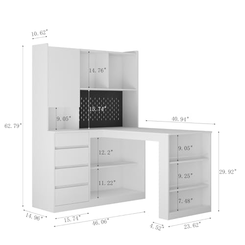 KEIKI L Shaped Home Office Desks with LED Light, Pegboard, Hutch, Drawers, Bookshelf & Storage Shelves, Modern Wooden Gaming Computer Corner Table for Work, Study, Writing