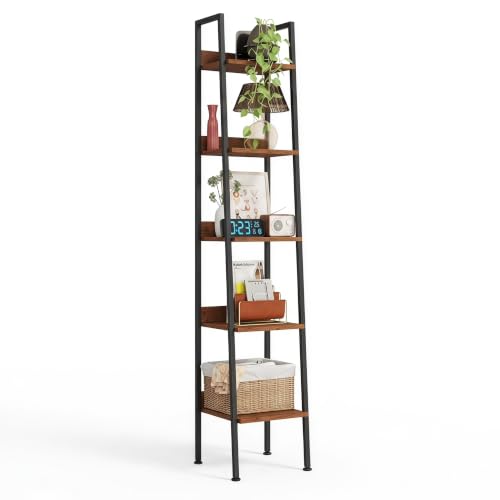 5 Tier Ladder Shelf,13.5” Wide Tower Storage Shelf,Walnut | Skandiquip 13.5” Narrow Ladder Shelf, Steel Frame Anti-Tip Tall Storage Tower for Books & Plants, Kitchen Living Room Office - color: Walnut, size: 5 Tier