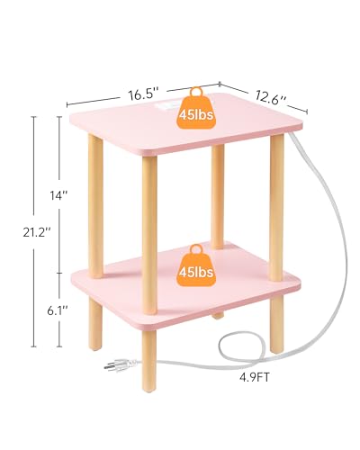 FORAOFUR Pink Side Table with Charging Station, Small Side Table Living Room with 2 USB Ports and Outlets, End Tables for Small Spaces in Living Room, Bedroom & Nursery, 2 Tier Nightstand - color: Pink