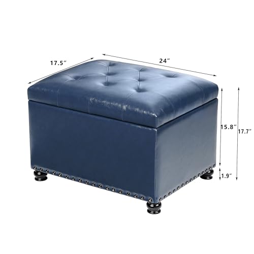 Faux Leather Storage Ottoman Bench Rectangle 24 Inch Foot Rest Ottomans - color: Blue Faux Leather