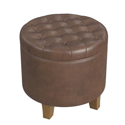 HomePop 19" Faux Leather Button Tufted Round Storage Ottoman - Brown - color: Brown Faux Leather