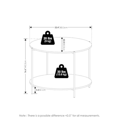 Furinno BESI 2-Tier Round Modern Coffee Table with Metal Legs, Side Table with Open Shelf, for Living Room, Bedroom, Home Office, Marble White - color: Marble White/Black, size: Metal Frame Coffee Table