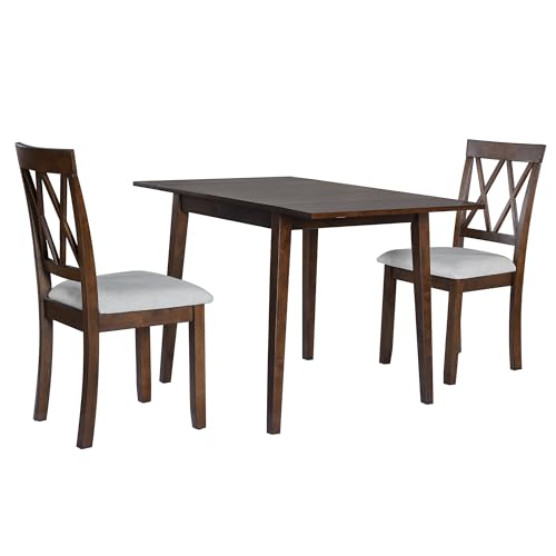 3Pcs Dining Set with Drop Leaf Dining Table and 2 X-Back Chairs, Solid Wood Kitchen Table Set for Small Place, Brown+Grey - color: Brown+grey