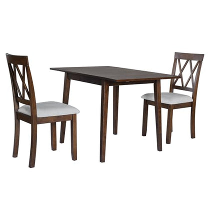3Pcs Dining Set with Drop Leaf Dining Table and 2 X-Back Chairs, Solid Wood Kitchen Table Set for Small Place, Brown+Grey - color: Brown+grey