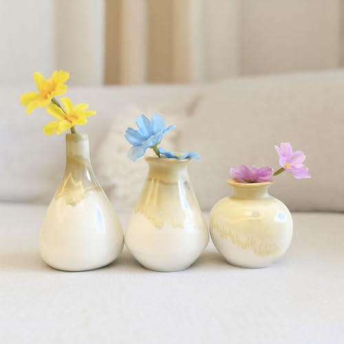 Daittin 3-Piece Ceramic Vase Set - Small Bud Vases for Dried/Fresh Flowers, Tabletop Decor for Living Room, Bedroom & Office, Compact & Stylish Decor Pieces for Gift Givers (Yellow) - color: Yellow