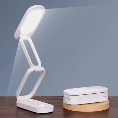 Foldable LED Desk Lamp, Rechargeable Battery Operated Portable Light with 3 Brightness Levels, 180° Adjustable Eye-Caring Mini Lamp for Home Office, Reading & Travel (White)