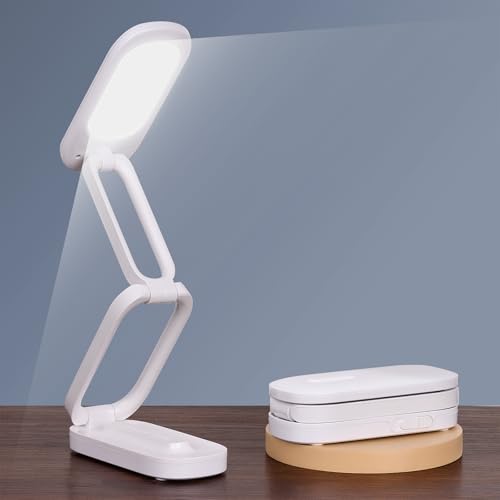 Foldable LED Desk Lamp, Rechargeable Battery Operated Portable Light with 3 Brightness Levels, 180° Adjustable Eye-Caring Mini Lamp for Home Office, Reading & Travel (White)