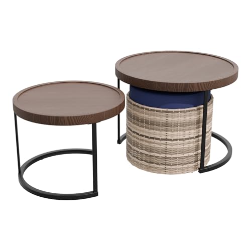 Cabana Chic Nesting Tables with Ottomans, Outdoor Round Side Table, Nesting Coffee Table Set, 2 Tables 1 Ottoman, Brown/Blue - color: Brown/Blue
