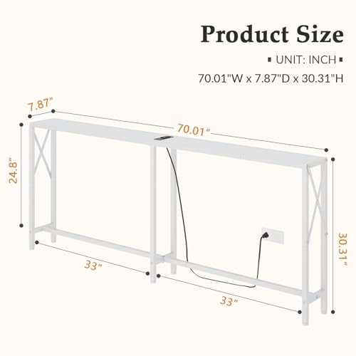 Gewudraw 70" Sofa Table Behind Couch with Socket-Narrow Console Table,White | Industrial Style, Long Skinny Design,Couch Table For Hallway,Living Room,Bedroom, Built-In Power Outlets & USB, 172cm Length - color: White, size: 70 in