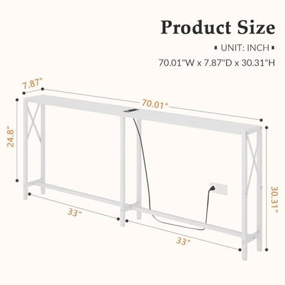 Gewudraw 70" Sofa Table Behind Couch with Socket-Narrow Console Table,White | Industrial Style, Long Skinny Design,Couch Table For Hallway,Living Room,Bedroom, Built-In Power Outlets & USB, 172cm Length - color: White, size: 70 in