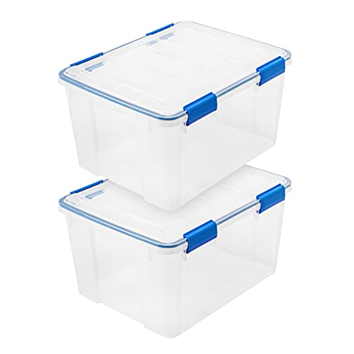 IRIS USA 2-Pack 44 Qt Storage Bins with Gasket Lids, Clear/Blue | WeatherPro seal helps protect bulky items for moving, garage, attic and basement storage - size: 44 Qt. - 2 Pack