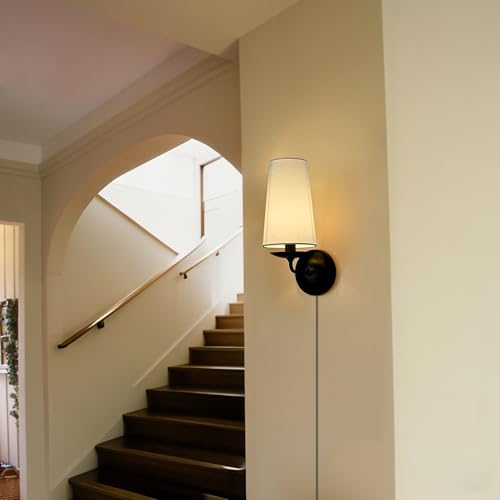 Moose Modern Black Wall Sconces Plug-in Set of Two with Fabric Shade | Industrial Black Linen with On/Off Switch Wall Lamp for Bedside, Living Room, Hallway, House Reading - color: Black, size: 2-Pack | 1-Light