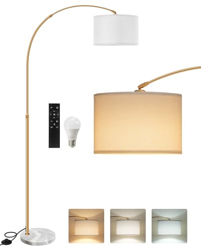 75" Arc Floor Lamp with Marble Base and Adjustable Height, Rotating Hanging Shade, Dimmable Floor Lamp for Living Room with Remote and Foot Switch, 3CCT, Over Couch Arched Light, White Gold DW15LD05 - color: Gold + White