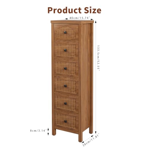 52.55" Tall 6 Drawer Dresser, Wood Chest of Drawers with Fluted Panel | Slim Storage Organizer with Anti-Tipfor Kit Small Spaces,Multipurpose Cabinet for Bedroom, Closet, Hallway, Nursery,Walnut, - size: 11.8"D x 15.7"W x 52.6"H (6 Drawers)