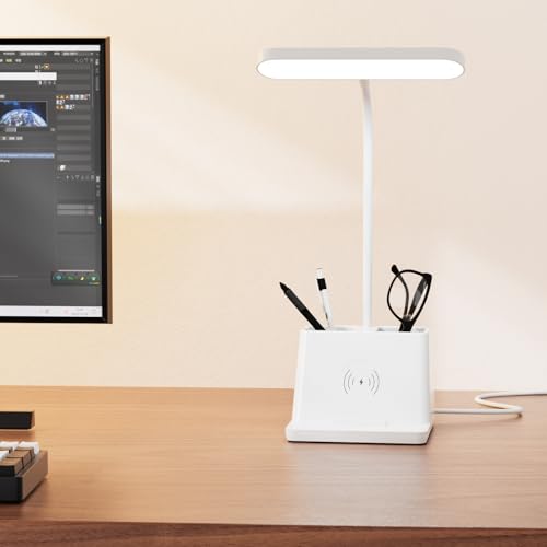Desk Lamp with Fast Wireless Charger, College Dorm Room Table Light | 18 in, Adjustable LED, White, Small, Cute, for Home Office, with Charging Station, Pencil Holder