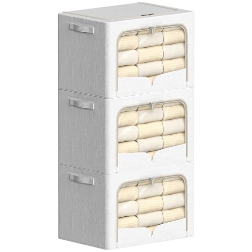 FHSQX 3 Pack Clothes Storage Bins with Metal Frame | Cream White, 23.6x16.5x15.7inch,Foldable, Stackable Linen Fabric, Carrying Handles, Clear Window - color: Cream White, size: 23.6x16.5x15.7inch(100L)