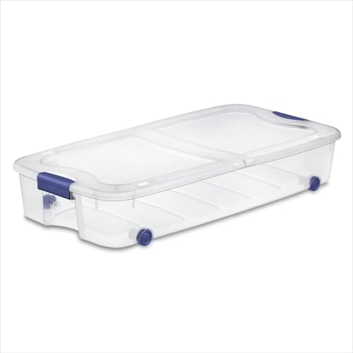 Clear Underbed Storage Bin with Lid, Wheels, and Security Lock, 66 Quart, Blue, 39.5x20.25x7 Inch