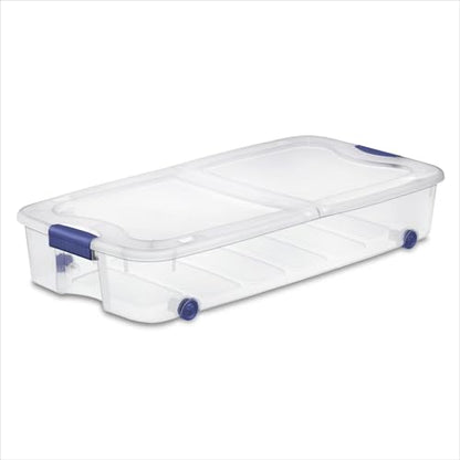 Clear Underbed Storage Bin with Lid, Wheels, and Security Lock, 66 Quart, Blue, 39.5x20.25x7 Inch