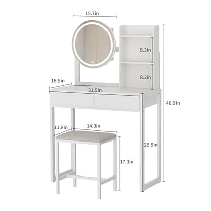 VFK Small Vanity Desk with Mirror and Lights, Makeup Vanity Table with LED Mirror, 3 Lighting Modes, Power Outlet, Drawer, Open Shelves and Cushioned Stool for Bedroom (White) - color: White