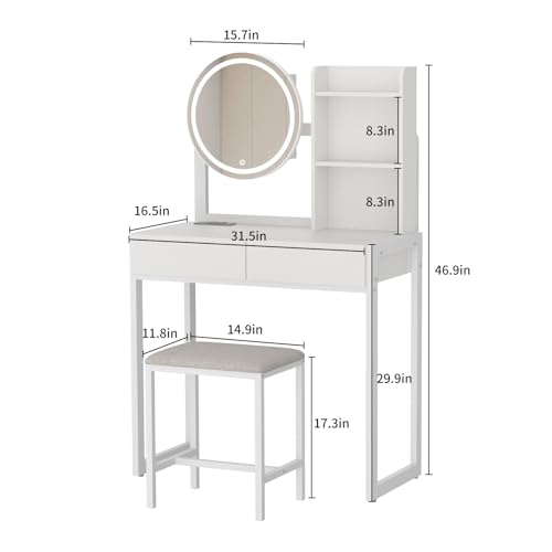 VFK Small Vanity Desk with Mirror and Lights, Makeup Vanity Table with LED Mirror, 3 Lighting Modes, Power Outlet, Drawer, Open Shelves and Cushioned Stool for Bedroom (White) - color: White