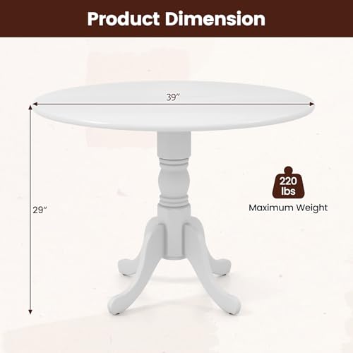 COSTWAY Round Dining Table for 4, 39-inch Wooden Kitchen Table with Solid Rubber Wood Frame, Curved Trestle Legs, Adjustable Foot Pads, Mid Century Rustic Dinning Table for Living Room (White) | Curved Trestle Legs, Adjustable Foot Pads, Mid Century Rusti
