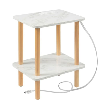 FORAOFUR Solid Wood End Table with Charging Station, 2 Tier Side Table | Marble wood-grain finish, space-saving for small apartments, built-in USB ports & outlets, sturdy wood frame - color: Marble