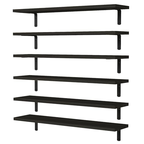 Wood Floating Shelves Set of 6, 24 inch Long Floating Shelves for Wall Decor, Farmhouse Shelf for Bedroom, Bathroom Storage Shelves, Book Shelves for Living Room - Black - color: Black, size: 24 Inch