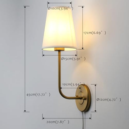Set of 2 Plug in Wall Sconces, Rustic Wall Lighting Fixtures with On/Off Switch and Pure White Fabric Lampshade, Antique Brass Wall Lamps for Living Room Bedroom - size: 2-pack
