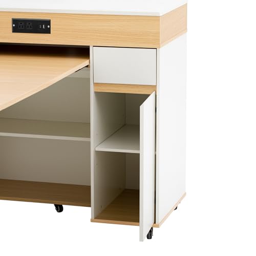 Extendable Dining Table with Extra-Long Folding Top, Rolling Kitchen Island with Storage Cabinet, Drawers & Brake Lock, Sturdy Mobile Cart for Kitchen, Dining Room & Open Spaces(Creamy White+Natural2) - color: Creamy White+natural2