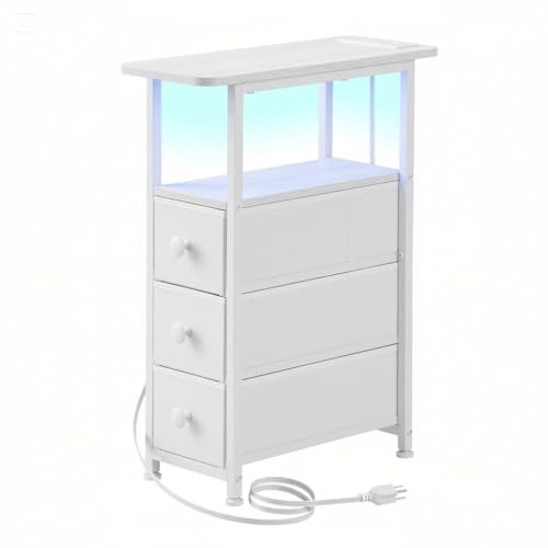 Narrow End Table with Charging Station, Narrow Side Table with Drawer, Small Nightstand with LED Light, Skinny Nightstand, Small Bedside Table for Living Room, Bedroom, Couch, White - color: White, size: 7.9" W x 18.9" D, style: Power + Light