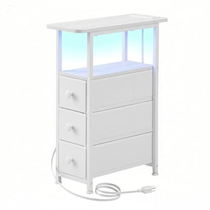 Narrow End Table with Charging Station, Narrow Side Table with Drawer, Small Nightstand with LED Light, Skinny Nightstand, Small Bedside Table for Living Room, Bedroom, Couch, White - color: White, size: 7.9" W x 18.9" D, style: Power + Light