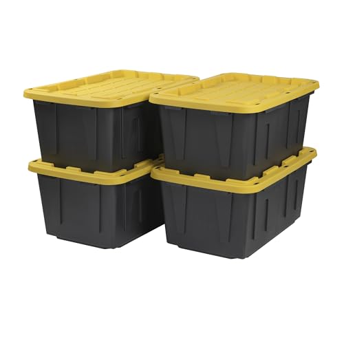 CX Heavy Duty 27-Gallon Stackable Plastic Storage Bins with Lids, 4 Pack | Storage totes for garage organization, Stackable containers, weather-resistant, snap lid, 14.3H x 20.6W x 30.6D, Black/Yellow - size: 27 Gallon