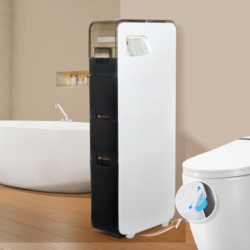 BGYMF 4-Tier Narrow Slim Bathroom Storage Cabinet,Movable,White | ABS and PP,with Wheels and Drawers,Large Storage Capacity,Water Resistant,Toilet Paper Holder,for Small Spaces - size: Ultra Thin 4 Tiers