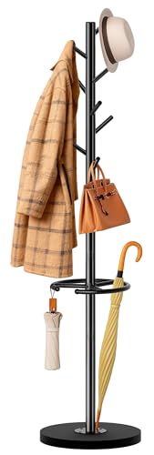 SLEEPING LAMB Coat Rack Freestanding with Umbrella Holder, Coat Hanger Stand with Wood Base Fits Entryway, Living Room, Bedroom, Office, Clothes Tree Holder with 8 Hooks for Jackets, Hats, Bags, Black