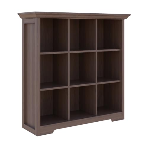 9-Cube Open Bookcase with Base, 3-Tier Wooden Bookshelf, Walnut | Curved Base, Crown Molding, Fits 11×11" Bins, Modern Storage Cabinet for Living Room, Bedroom, Home Office - color: Walnut, size: 9-Cube