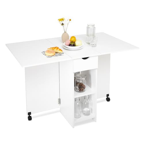 Mondeer Folding Dining Table with Drawer and Shelves, White | Drop Leaf Kitchen Table with 1 Drawer and 2 Storage Shelves in Modern Style for Small Spaces and Seats 4-6 People. - color: White
