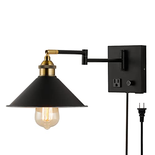 Bedside Wall Mount Light with Dimmable Switch and Outlet, Swing Arm Metal Shade Wall Sconce Light with USB Port and Plug in Cord, Black Wall Lamp for Bedroom, Living Room and Hotel - color: Metal Black