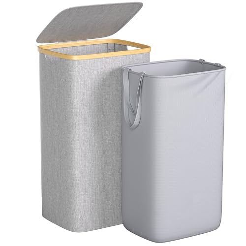 Foluck Large Laundry Hamper, 100L Waterproof Laundry Basket with Lid and Removable Bag, Collapsible Tall Clothes Hamper with Bamboo Handles for Clothes Toys in Dorm Bedroom Bathroom, Grey - color: Grey, size: 100L