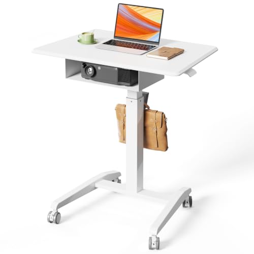 JOY worker Mobile Standing Desk with Drawer, 31.5" Rolling Desk with Wheels | White Portable Laptop Desk Pneumatic Height Adjustable, Open Storage Shelf, Lockable Casters, Home Office School, Holds 22lbs - color: White, size: 31.5 Inch